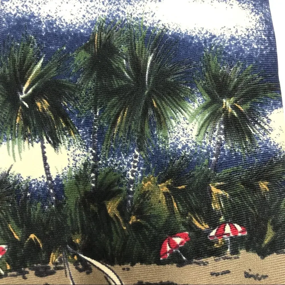 Oscar de la Renta Neckwear Silk Tie-Beach Scene, Plumeria, Boats, Palms